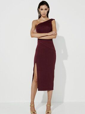 MOSSMAN Off The Wayside One Shoulder Midi Dress Merlot Size US 4